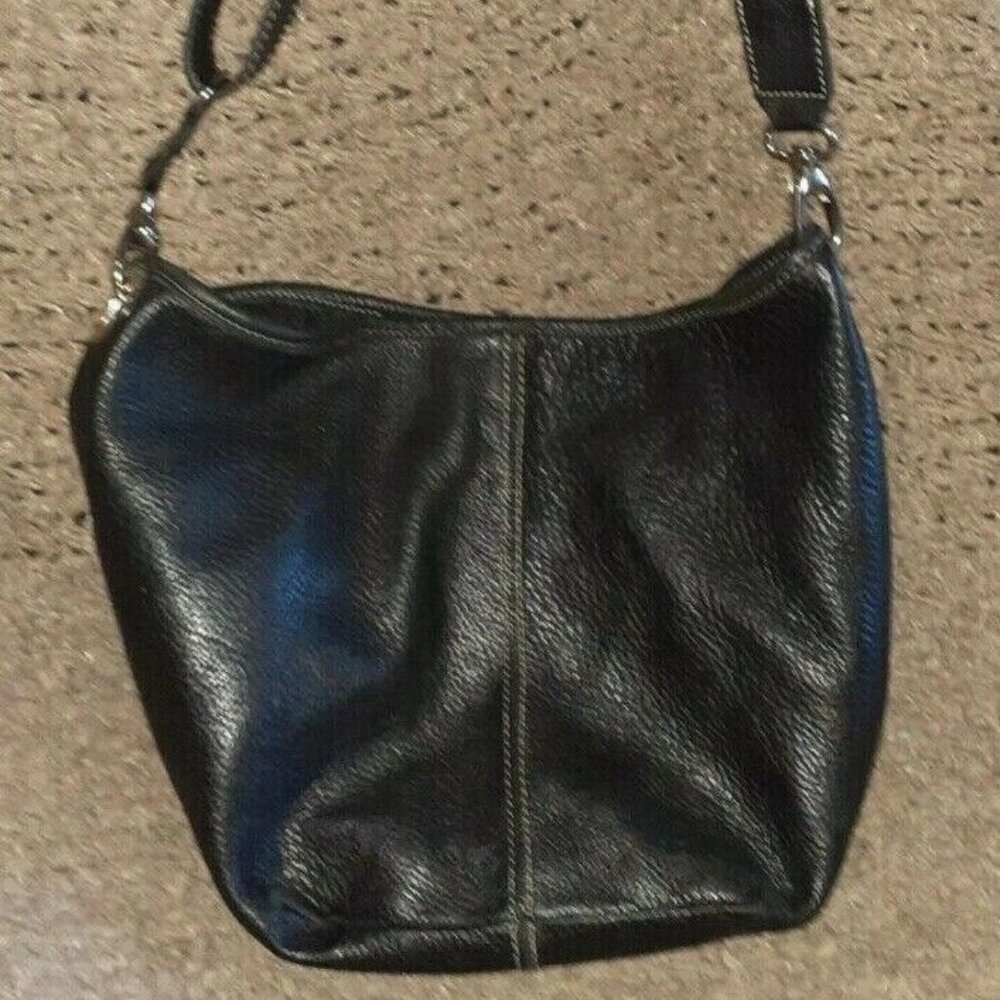 Vintage ROOTS CANADA-Black Pebbled Leather-Bucket Bag-Crossbody Hobo-Near Mint